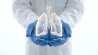 Medical professional in blue gloves holding glowing transparent lungs model for respiratory health education and pulmonary care concepts.