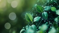 Green leaves connected by glowing network nodes against blurred bokeh background illustrate nature and technology convergence in environmental science and biotechnology.