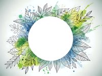 Watercolor botanical frame with hand-drawn leaves and splashes surrounding white circle space for text or logo design on light background.