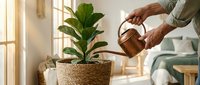 African American man watering fiddle leaf fig plant in wicker basket with copper watering can in bright modern bedroom interior for home gardening care.