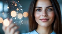 Young woman with glowing digital particles and bokeh lights emanating from her hand, representing technology innovation and digital transformation concepts.