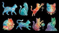 Colorful decorative cats with ornamental patterns, isolated on transparent background. Ready for t-shirt design, clipart, stickers, sublimation, print-on-demand products and digital crafts.