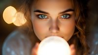Young woman with intense blue eyes illuminated by warm glowing bokeh lights creating magical atmospheric portrait with soft focus and dreamy mood.