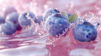 Fresh ripe blueberries with water drops and splash on pink background with bokeh lights, macro food photography with soft focus effect.