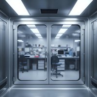 Modern laboratory cleanroom entrance with glass doors and sterile environment for pharmaceutical research and medical testing facilities.
