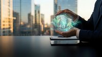 Businessman hands protecting glowing digital brain hologram over city skyline background representing artificial intelligence and innovation technology.