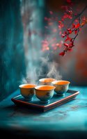 Steaming hot tea cups on wooden tray with autumn red leaves branch, moody atmospheric lighting for relaxation and mindfulness concepts.
