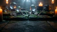 Mystical altar with crystal balls, old keys, coins, and cauldrons on stone surface lit by candles in dark atmospheric setting.