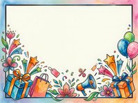 Colorful gift boxes, balloons, and flowers frame an empty center space with gradient blue to pink border, perfect for greeting cards, invitations, and celebratory designs.