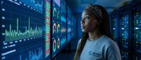 Young African American woman data scientist analyzing financial charts and cryptocurrency market trends in modern tech control room.