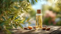 Organic olive oil in glass bottle with wooden cap surrounded by fresh olives and nuts on rustic wooden surface in garden setting.