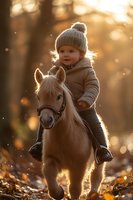 Toddler in winter clothing riding palomino pony through autumn forest at golden sunset, backlit with magical bokeh effect and falling leaves creating dreamy atmosphere.