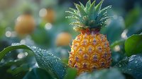Fresh ripe pineapple with water drops on green leaves in morning light with bokeh effect background, tropical fruit close up macro photography.