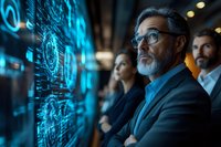 Middle-aged Caucasian businessman with gray beard and glasses analyzing digital interface with colleagues, blue technology visualization on dark background.