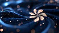 Glowing flower with sparkling petals on flowing blue wave with bokeh lights and particles, suitable for backgrounds and digital design projects.