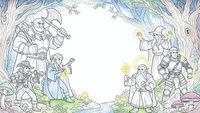 Medieval fantasy knights and wizards frame with magical forest border for storytelling, gaming content, and adventure-themed designs on white background.