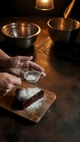 Chef dusting chocolate cake slice with powdered sugar on wooden board, professional kitchen setup with metal bowls and cooking utensils in warm lighting.