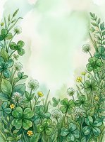 Watercolor green clover and wildflower border frame with copy space, perfect for St. Patricks Day cards, spring nature designs.