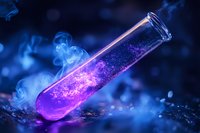 Glowing purple liquid in glass test tube emits magical smoke against dark blue background, creating mystical laboratory atmosphere for science concepts.