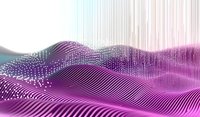 Abstract digital wave landscape with glowing particles and lines in purple and pink gradient colors forming dynamic undulating surface pattern.