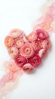 Pink ranunculus flowers arranged in heart shape with watercolor splashes on white background for romantic wedding and Valentine's Day designs.