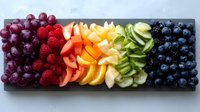 Fresh rainbow fruit platter arranged in gradient color order from red to blue with grapes, raspberries, citrus, kiwi and blueberries on dark slate board.