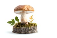 Fresh porcini mushroom with brown cap on tree stump with moss and autumn leaves, isolated on white background for culinary or nature designs.