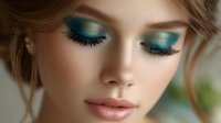Glamorous eye makeup in shimmering turquoise and gold tones with long false eyelashes and nude lips, close-up beauty portrait showing professional cosmetic application.