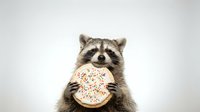 Adorable raccoon holding white frosted donut with colorful sprinkles on clean background for food and wildlife themed designs.