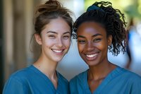 Two female healthcare professionals in blue scrubs smiling at camera, representing diversity in medical field. Cheerful portrait of medical team members.