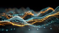 Abstract digital wave visualization with glowing gold and blue light particles flowing in undulating patterns against dark background for technology presentations.