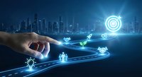 Business hand touching digital tablet with glowing target and innovation icons against city skyline background for technology and goal achievement concepts.