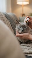 Hands applying ear drops to a gray senior cat with blue eyes resting on a sofa, pet healthcare and veterinary treatment at home concept.