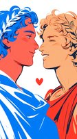 Romantic couple in minimalist style with blue and red color scheme, facing each other with small heart symbol between them, artistic line drawing style.