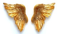 Golden angel wings with detailed feathers and metallic sheen isolated on white background. Decorative element for spiritual and celestial design projects.