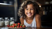 Cheerful young girl with curly hair laughing while sitting at kitchen table with fresh red strawberries on plate, expressing pure joy and happiness in casual home setting.
