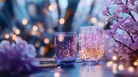 Magical glowing glasses with sparkles against blurred purple floral background and bokeh lights create romantic atmosphere for special occasions and celebrations.