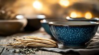 Traditional blue ceramic tea bowl with dried ginseng root on rustic linen cloth, warm bokeh lights in background creating cozy atmosphere.