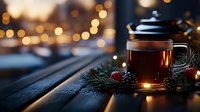 Hot tea in glass mug with pine branches, pinecones and glowing Christmas lights creating cozy winter atmosphere on wooden windowsill at dusk.
