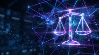 Digital justice scales with glowing neon lights and network connections representing legal technology, cyber law, and blockchain jurisprudence concepts.