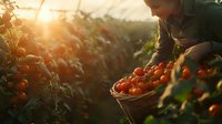 Farmer harvesting fresh ripe tomatoes in wicker basket during golden hour sunset. Agricultural worker collecting organic red tomatoes from garden plants for farm market.