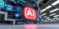 Glowing red AI symbol with digital circuit patterns and blue technology elements against blurred industrial background, representing artificial intelligence advancement.