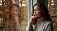 Young woman with curly hair in cozy sweater looking thoughtfully out window during autumn season with warm bokeh lights creating peaceful atmosphere.