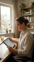 Middle-aged Caucasian woman with glasses working on tablet at home office desk with tea, natural lighting from window, cozy workspace with plants and books.