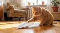 Ginger tabby cat playing with paper airplane on wooden floor in sunny living room with furniture and plants in background.