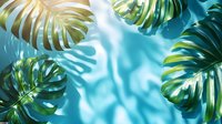 Monstera leaves frame against rippled turquoise water surface creating tropical summer mood with golden sun reflections and deep shadows.