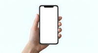 Hand holding modern smartphone with blank white screen isolated on white background for mobile app presentation and mockup design.