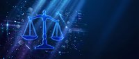 Digital justice scales glowing in blue neon light with futuristic technology elements and data streams for legal tech concepts and law firm branding.