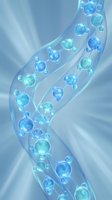 Blue molecular structure with flowing transparent ribbons and glowing spheres on radial background for science education and biotechnology presentations.