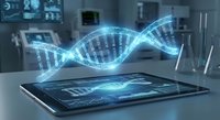 Digital DNA helix hologram emerging from tablet screen in modern medical laboratory for genetic research and biotechnology applications.